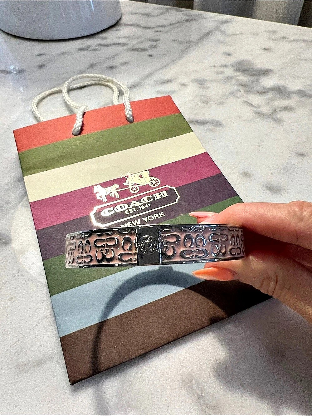 Coach Signature Enamel Bangle Bracelet Pink & Silver Like New